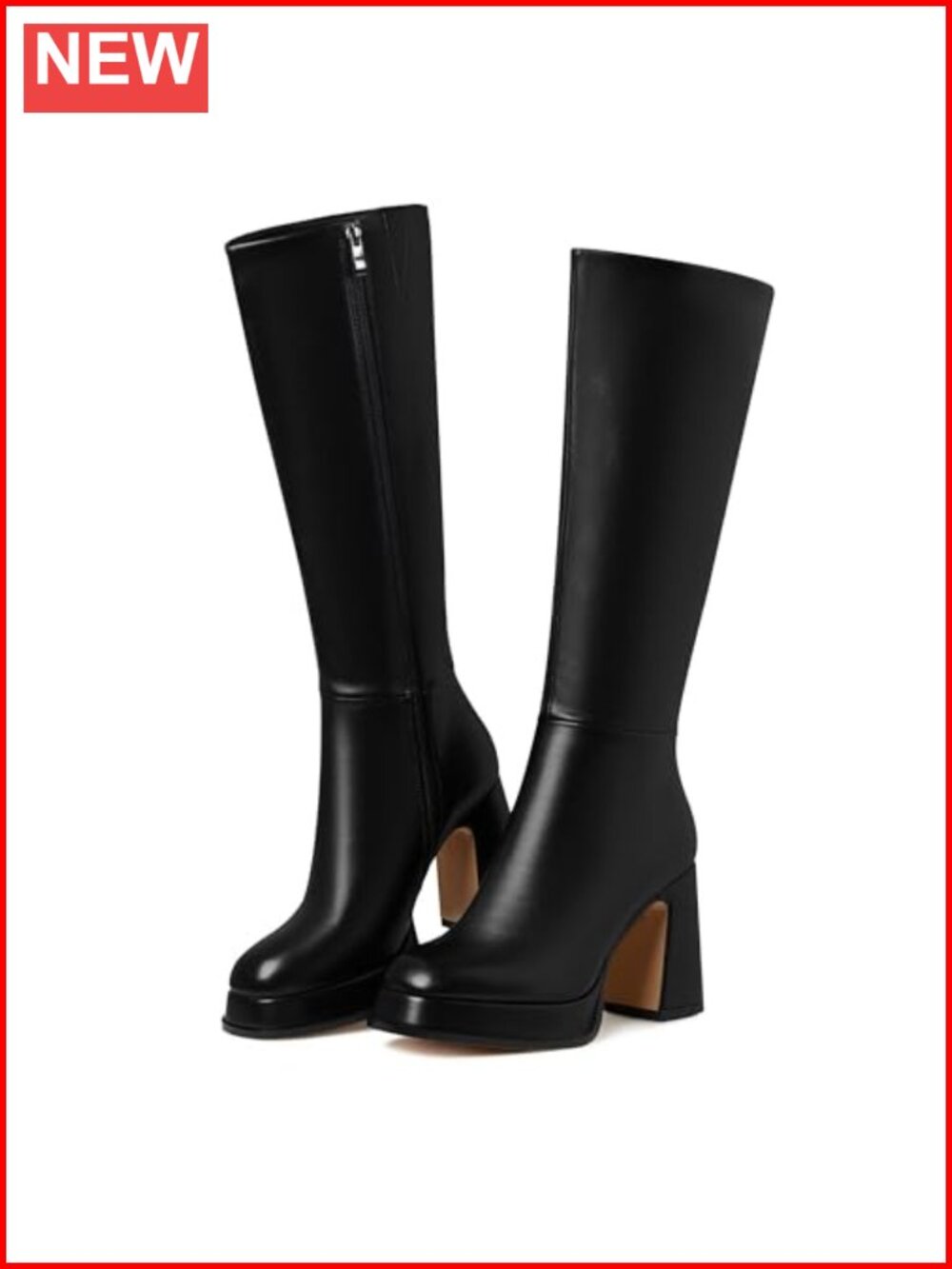 Platform Knee High Boots for Women Tall Faux Leather Chunky Heel Fall Boot